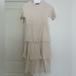 Zara Womens Combination Tiered Midi Dress S Ivory Tan Layered Smocked